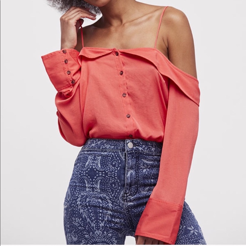 FREE PEOPLE WALK THIS WAY OFF THE SHOULDER LONG SLEEVE SPAGHETTI STRAP TOP Y2K